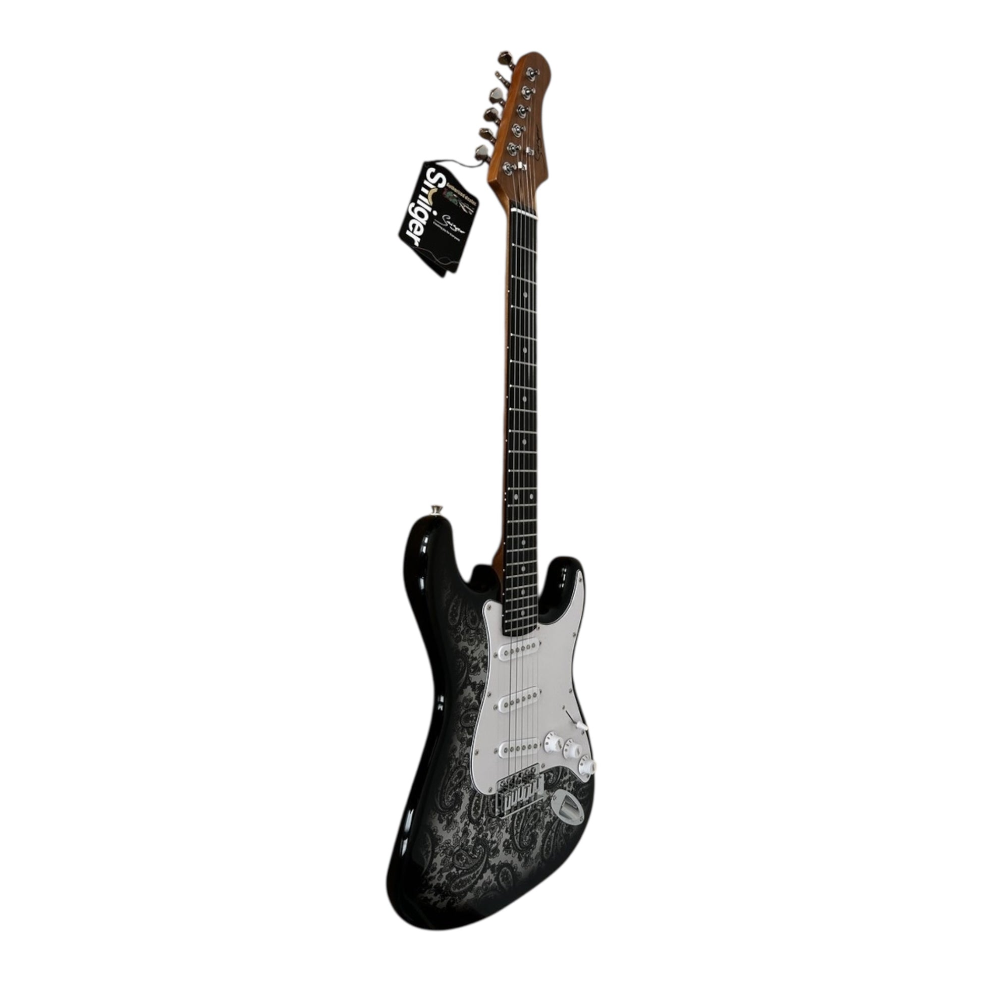 Smiger LC2W Electric Guitar Bundle  Black Paisley finish, side view
