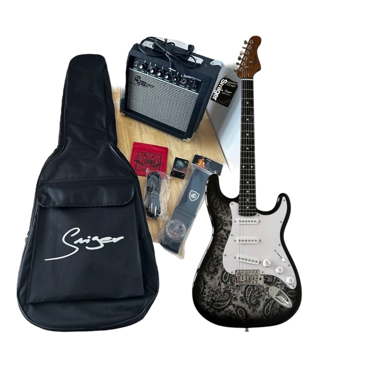 Smiger LC2W Electric Guitar Bundle â€“ Black Paisley finish, set
