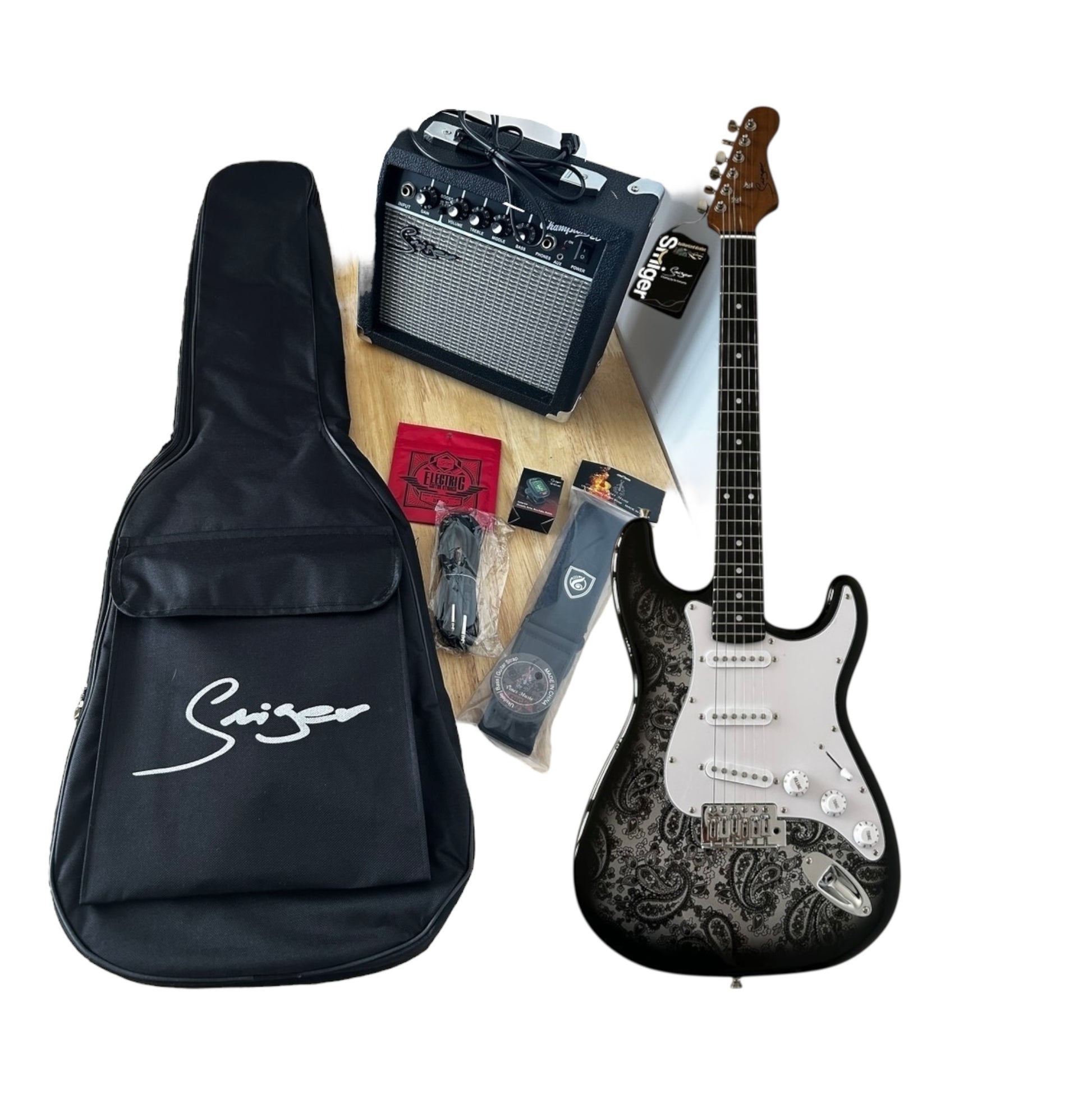 Smiger LC2W Electric Guitar Bundle â€“ Black Paisley finish, set
