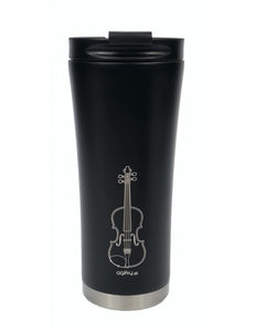 Music-themed travel mug with double-walled insulation


