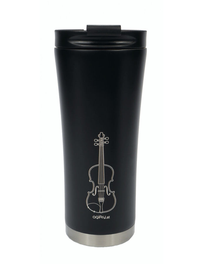 Music-themed travel mug with double-walled insulation

