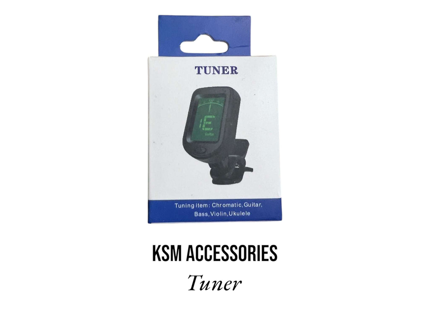 Clip on chromatic tuner attached to a guitar headstock
