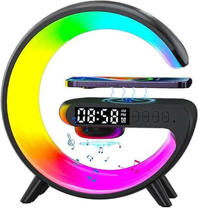 G Shaped Mini Bluetooth Smart Light Sound Machine with LED display and wireless charging.