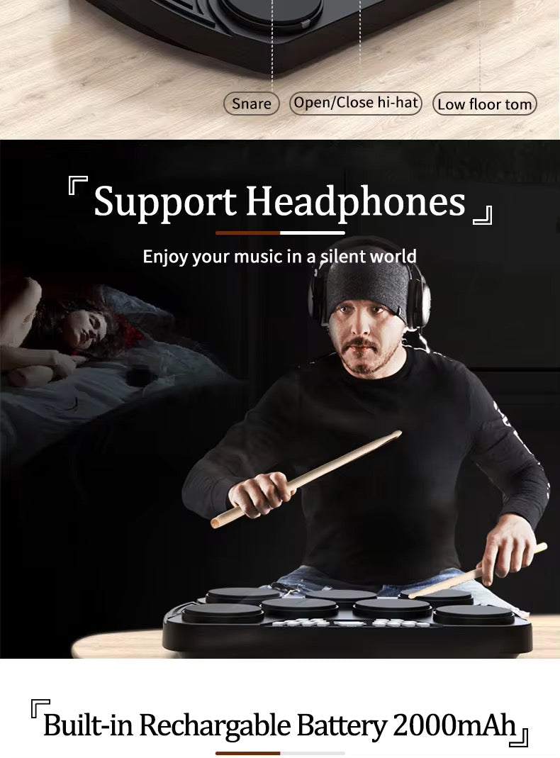 Included charging cable and USB connection

Konix electronic drum kit with multiple pads and pedals



