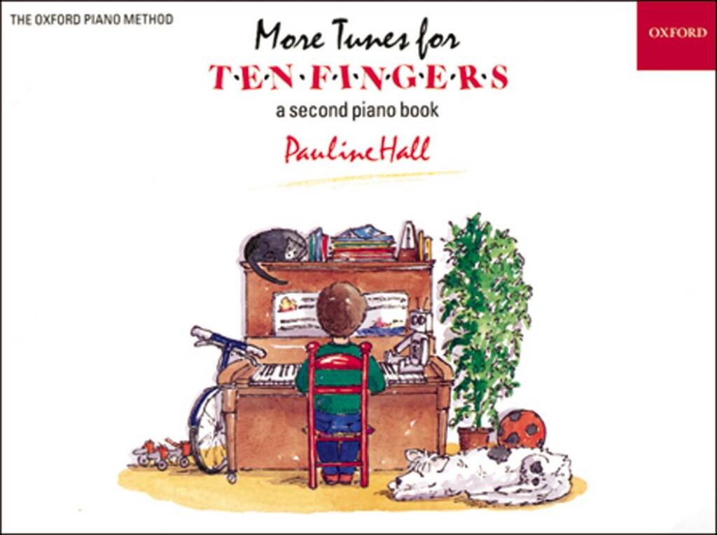 More Tunes for Ten Fingers piano book cover with child at piano and illustrations.