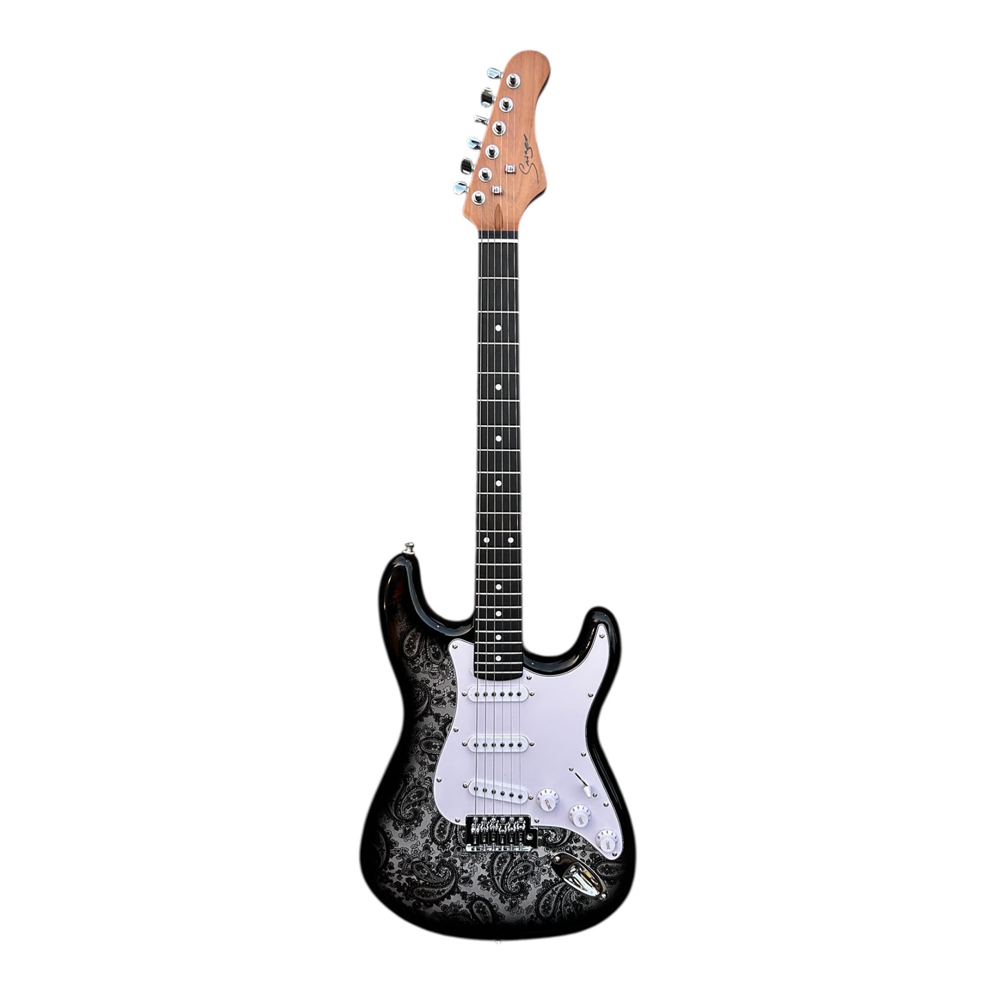 Smiger LC2W Electric Guitar Bundle Black Paisley finish, front view
