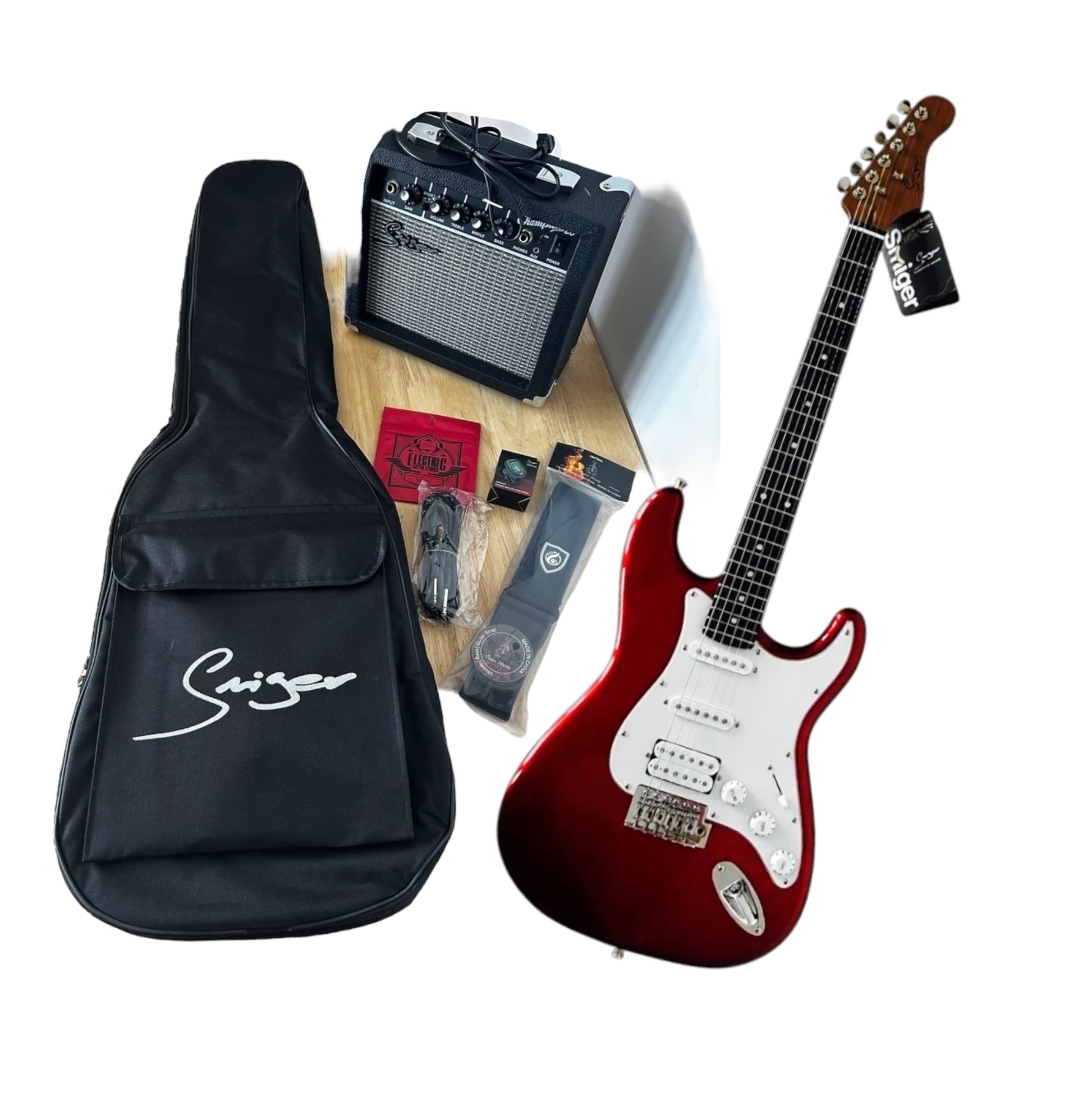 Smiger LG1M Electric Guitar HSS Bundle Metallic Red finish, front view
