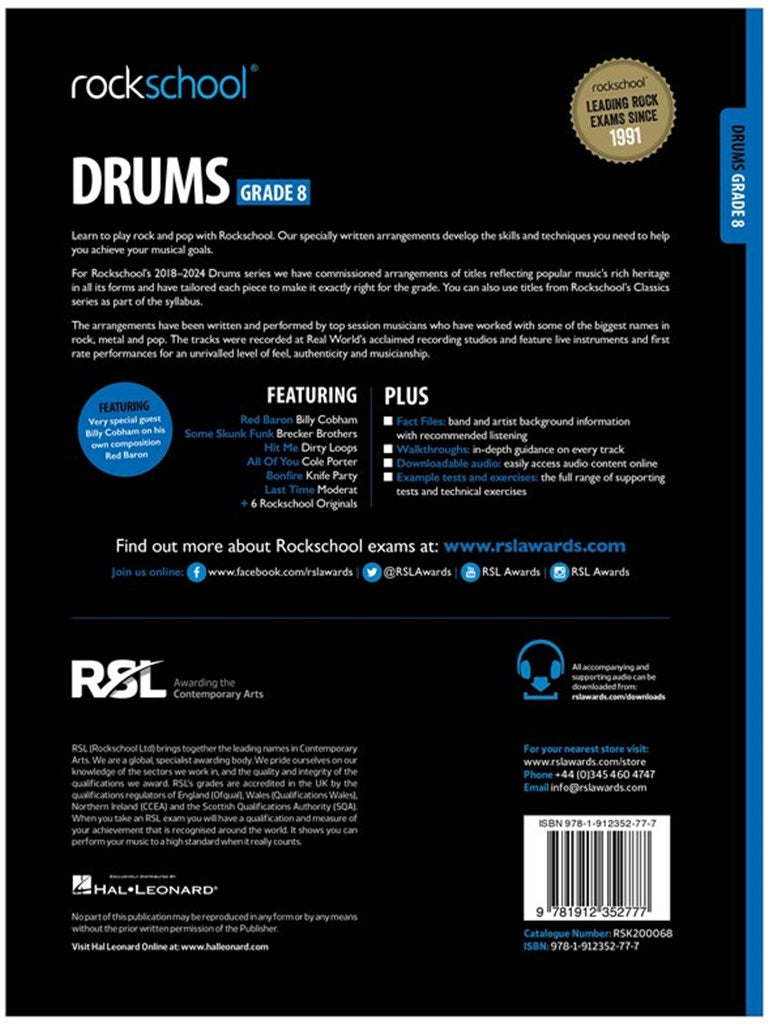4. Rockschool Grade 8 Drums Book alongside downloadable audio access page

