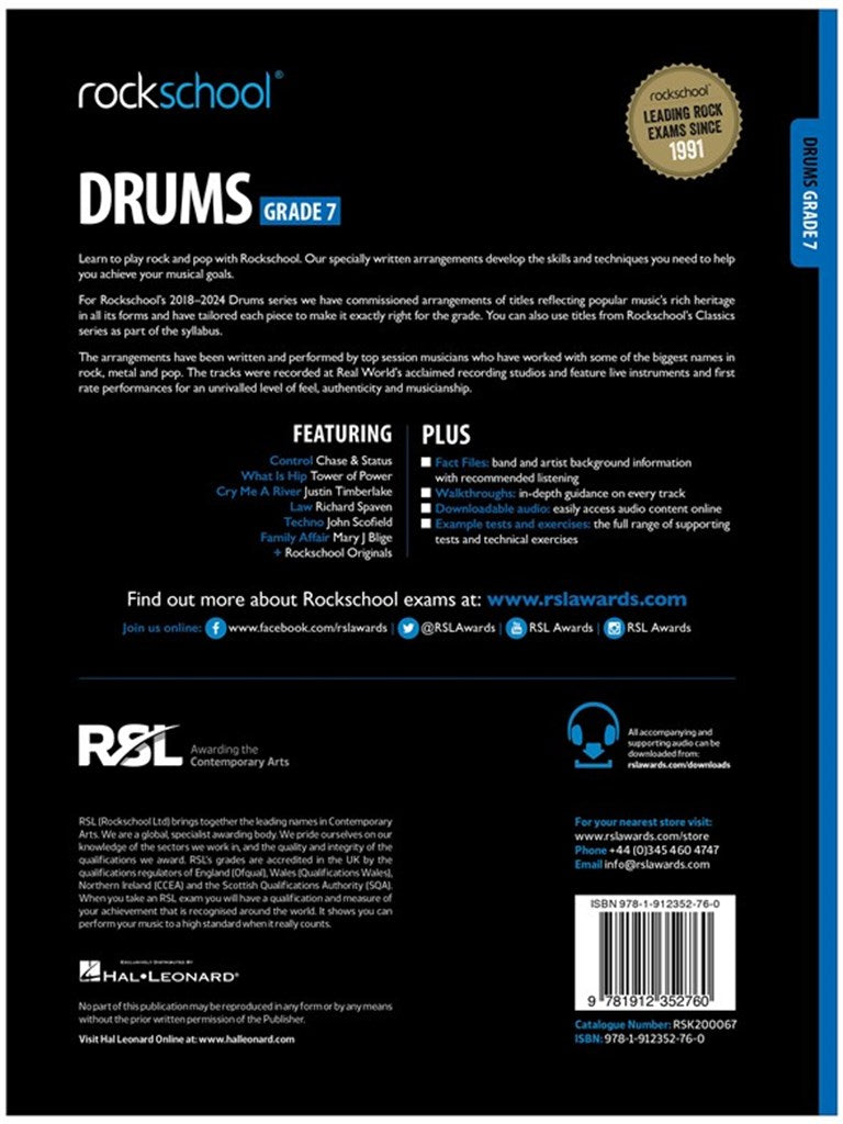 4. Rockschool Grade 7 Drum Book alongside downloadable audio access page


