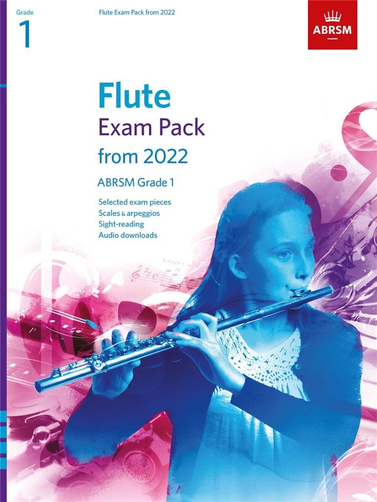Flute Exam Pack 2022 Grade 1 ABRSM cover featuring a student playing the flute.