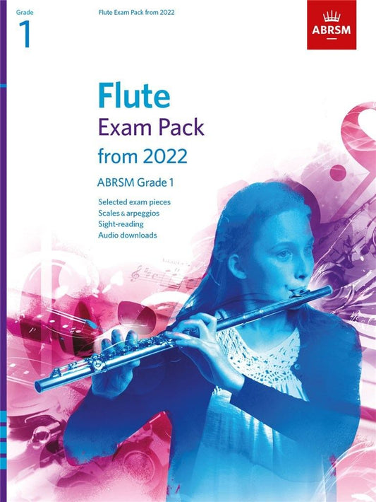 Flute Exam Pack 2022 Grade 1 ABRSM cover featuring a student playing the flute.