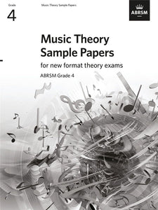 MUSIC THEORY SAMPLE PAPERS Grade 4 book cover, ABRSM exam material, 28 pages, 2020 publication.