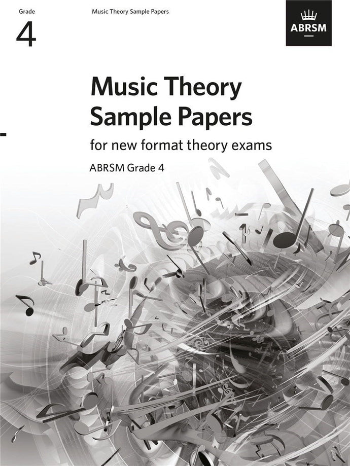 MUSIC THEORY SAMPLE PAPERS Grade 4 book cover, ABRSM exam material, 28 pages, 2020 publication.