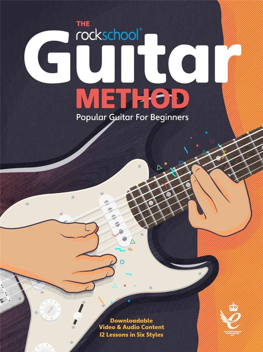 Inside pages from Rockschool Guitar Book showing music lessons and styles

