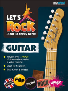 Let's Rock Guitar book cover with audio and video content details.