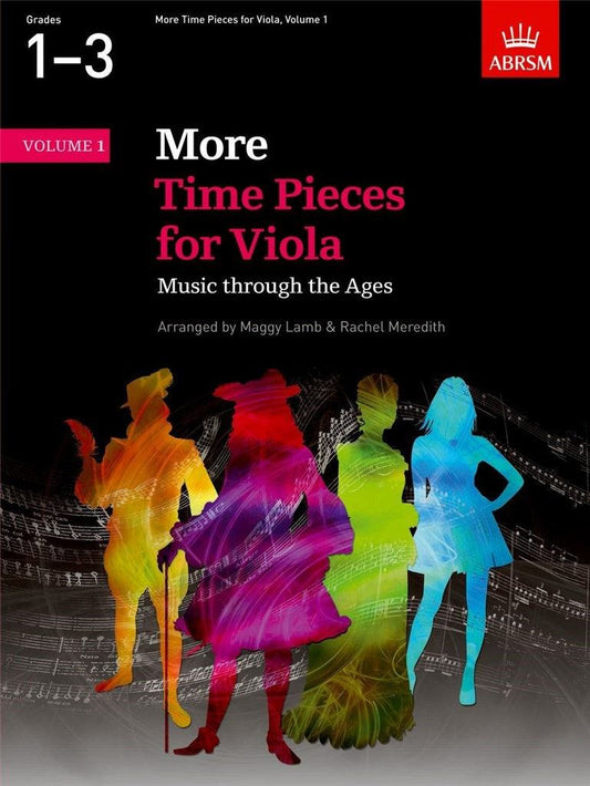 More Time Pieces for Viola Volume 1 book cover showing colorful silhouettes of musicians and musical notes.
