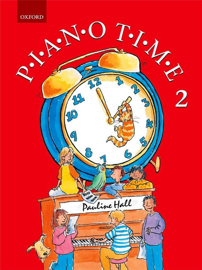 PIANO TIME 2 book cover by Pauline Hall, featuring a cartoon clock and children playing piano.