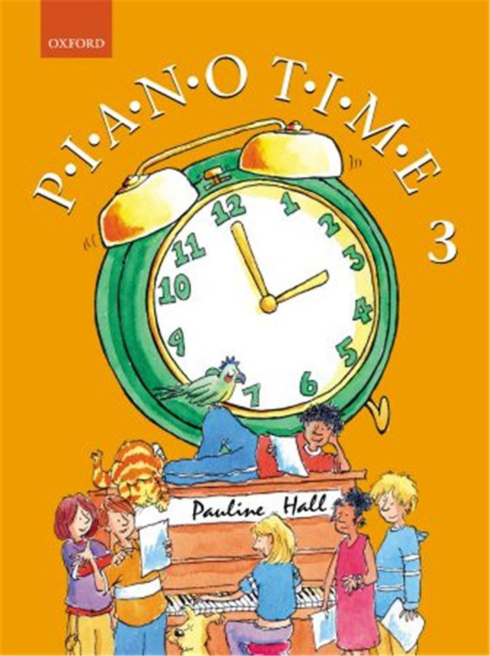 Piano Time 3 book cover with colorful clock illustration and children playing piano.