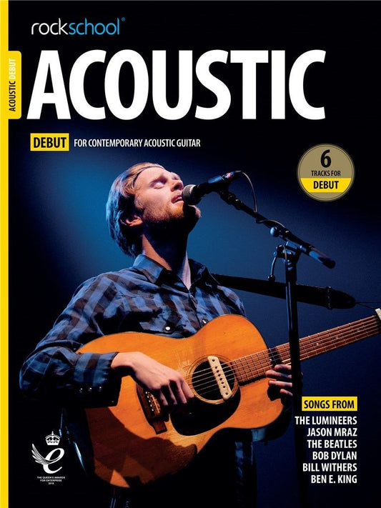 ROCKSCHOOL ACOUSTIC GUITAR DEBUT (2019) cover featuring a musician playing guitar on stage.