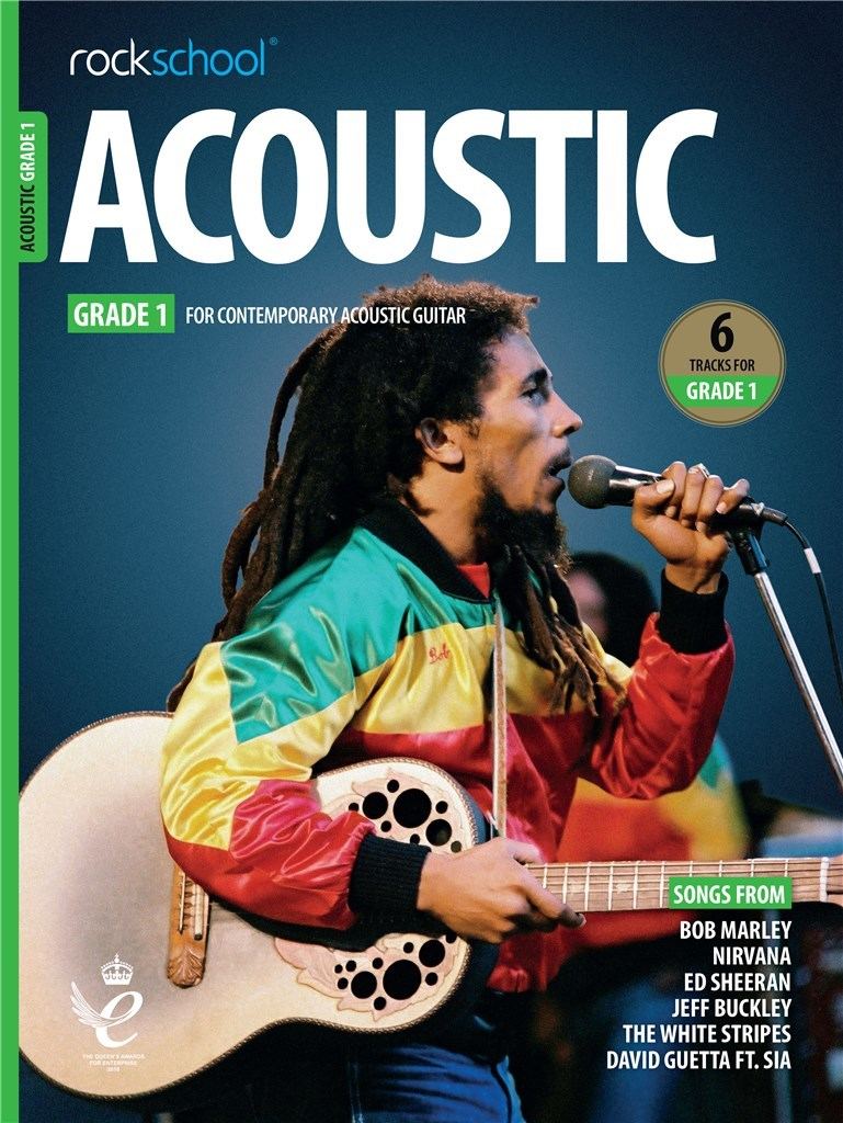 ROCKSCHOOL Acoustic Guitar Grade 1 book cover with image of performer, suitable for contemporary guitar learning.