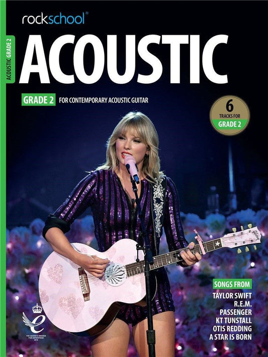 ROCKSCHOOL Acoustic Guitar Grade 2 Book Cover with Female Guitarist Performing