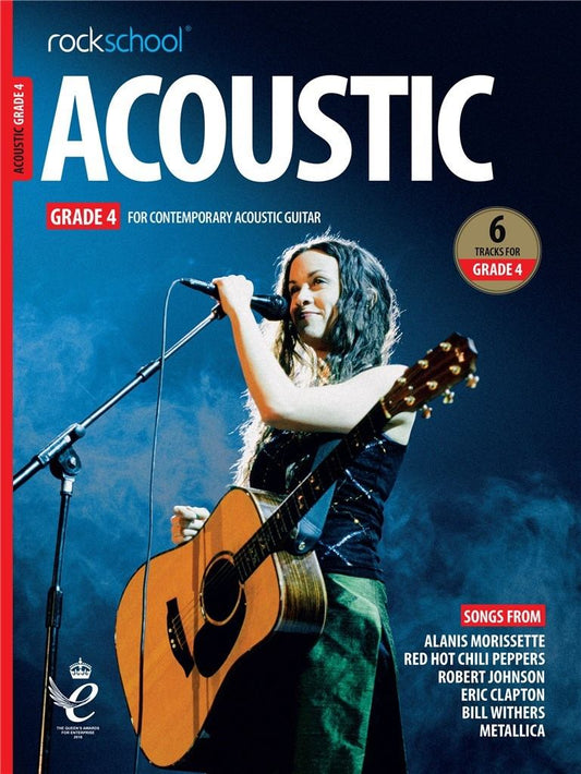 ROCKSCHOOL Acoustic Guitar Grade 4 book cover featuring a performer with an acoustic guitar, highlighting Grade 4 songs from various artists, 2019 edition.