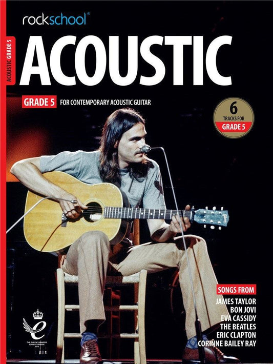 ROCKSCHOOL Acoustic Guitar Grade 5 book cover featuring musician playing guitar on stage with track list from various artists.