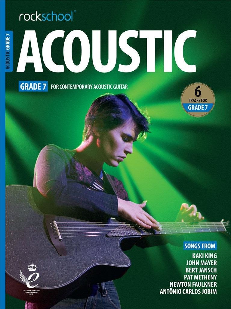 ROCKSCHOOL Acoustic Guitar Grade 7 book cover with guitarist, 2019 edition.