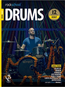 ROCKSCHOOL DRUMS DEBUT 2018 book cover featuring a drummer on stage with drum kit.