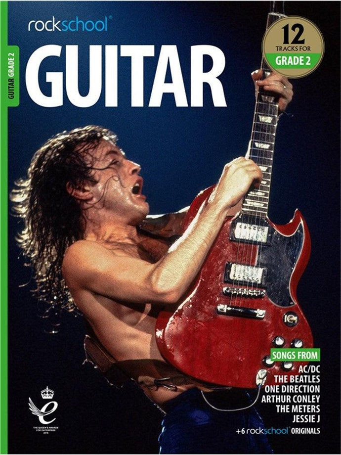 Rockschool Electric Guitar Grade 2 book cover featuring a guitarist with an electric guitar.
