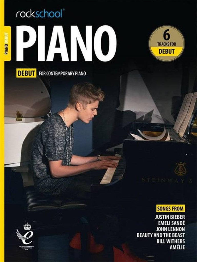 ROCKSCHOOL PIANO DEBUT 2019 book cover featuring a pianist playing a Steinway, includes songs from Justin Bieber, Emeli Sandé, John Lennon.