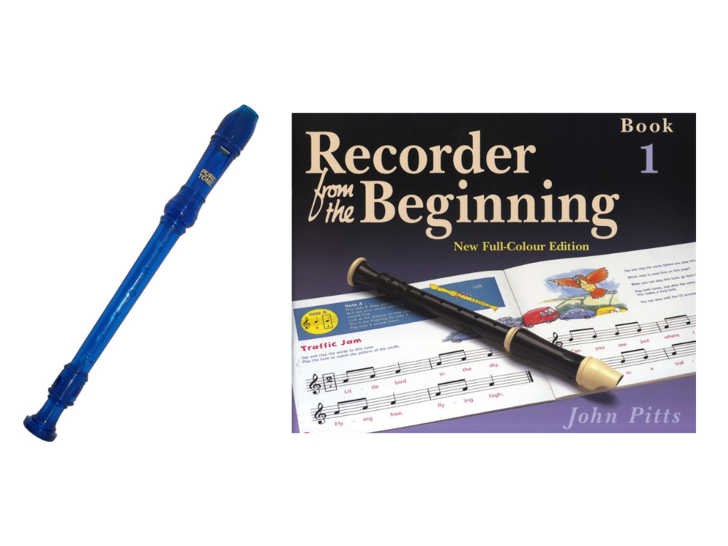 Blue recorder learning kit with bag and cleaning rod


