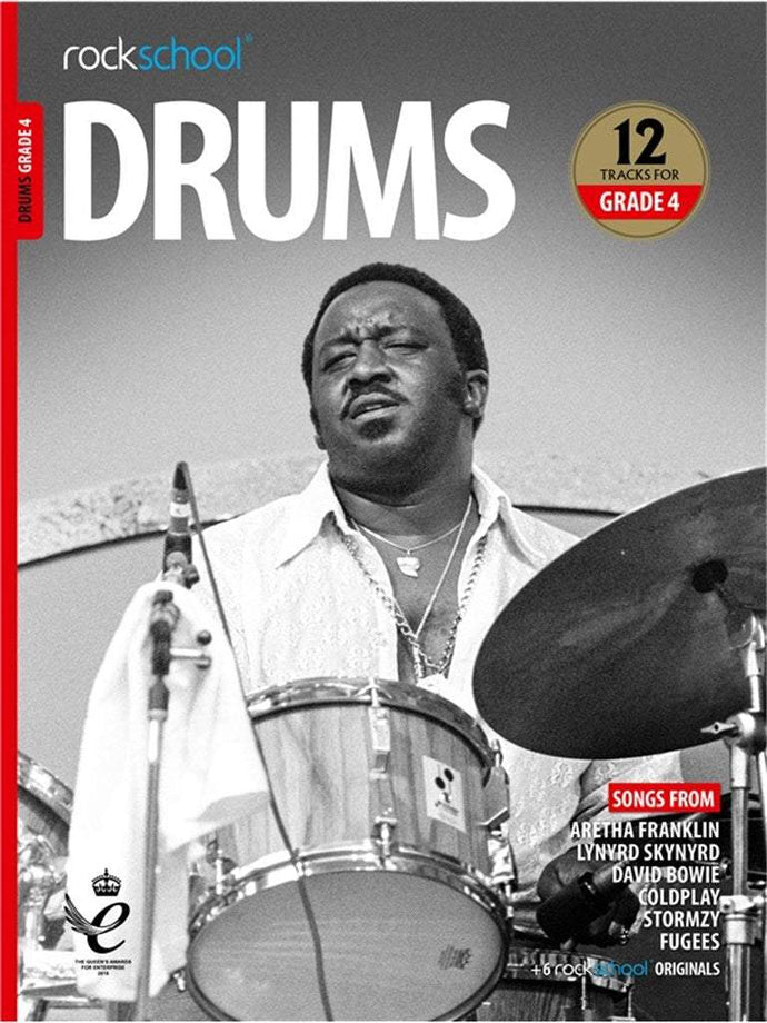 Inside pages of Rockschool Grade 4 Drums book with audio access

