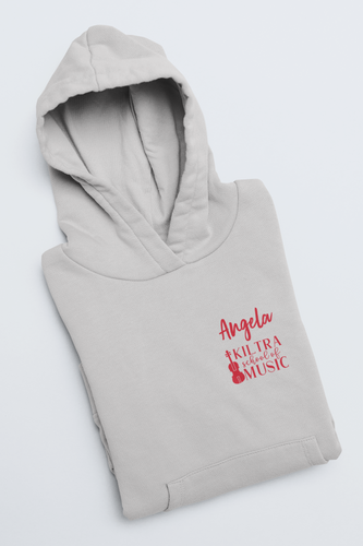 Personalised kids hoodie with KSM logo in red text, folded and displayed.